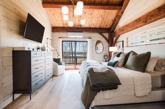 2149 Old Horton Bay Rd, Boyne City, MI 49712 - bedroom featuring wooden walls, access to exterior, wooden ceiling, light wood-style floors, and a chandelier