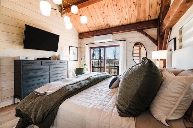 2149 Old Horton Bay Rd, Boyne City, MI 49712 - bedroom featuring a wall unit AC, wood walls, wood finished floors, access to outside, and wooden ceiling