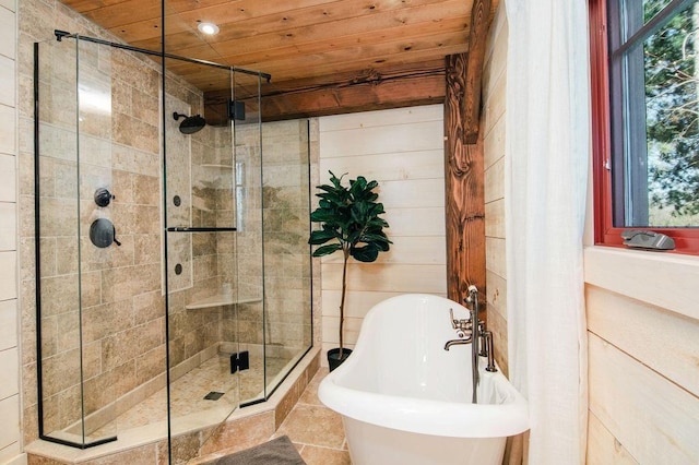 2149 Old Horton Bay Rd, Boyne City, MI 49712 - full bath with wooden ceiling, a shower stall, a freestanding tub, and recessed lighting
