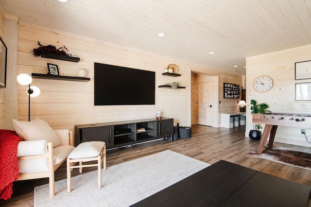 2149 Old Horton Bay Rd, Boyne City, MI 49712 - living area featuring wood finished floors, wooden walls, wood ceiling, and recessed lighting
