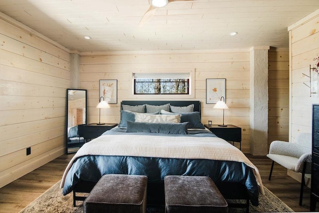 2149 Old Horton Bay Rd, Boyne City, MI 49712 - bedroom featuring wood walls, wooden ceiling, wood finished floors, and recessed lighting