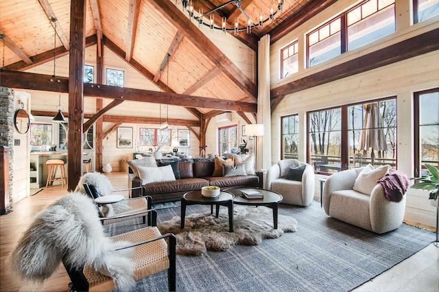 2149 Old Horton Bay Rd, Boyne City, MI 49712 - living area with wood ceiling with exposed beams, a chandelier, high vaulted ceiling, plenty of natural light, and wood finished floors