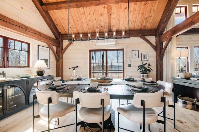 2149 Old Horton Bay Rd, Boyne City, MI 49712 - dining area with wood walls, wooden ceiling, light wood-style flooring, and plenty of natural light