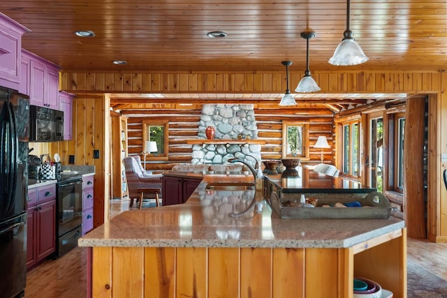 10819 Pioneer Trl, Boyne Falls, MI 49713 - kitchen featuring log walls, a sink, black appliances, light wood-style floors, and wooden ceiling