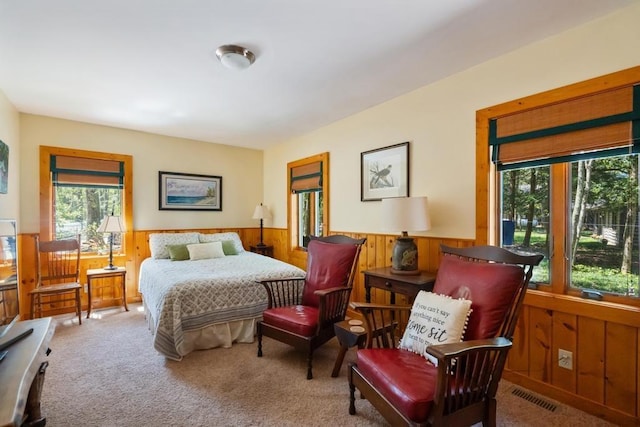 10819 Pioneer Trl, Boyne Falls, MI 49713 - carpeted bedroom featuring multiple windows, a wainscoted wall, and wood walls