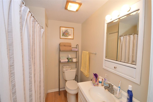 413 E Main St, Boyne City, MI 49712 - full bath with toilet, wood finished floors, vanity, baseboards, and a shower with shower curtain
