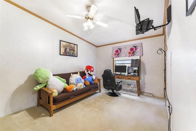 8370 Sisson, Bellaire, MI 49615 - office area with vaulted ceiling, ornamental molding, carpet floors, and ceiling fan