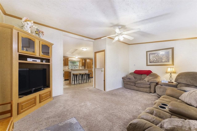 8370 Sisson, Bellaire, MI 49615 - living room with ornamental molding, light colored carpet, a textured ceiling, and ceiling fan