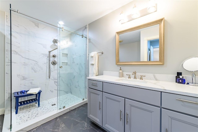6040 Pine Lake Club Dr Unit 24, Charlevoix, MI 49720 - bathroom featuring marble look tiles, a marble finish shower, and vanity