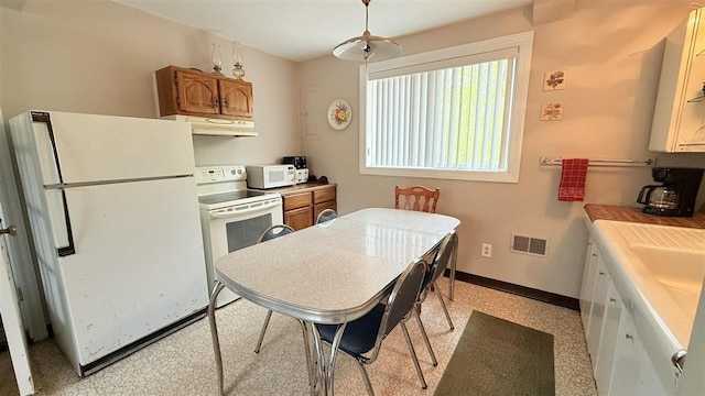 8902 Pickerel Lake Rd, Vanderbilt, MI 49795 - kitchen with white appliances, under cabinet range hood, baseboards, brown cabinetry, and light countertops