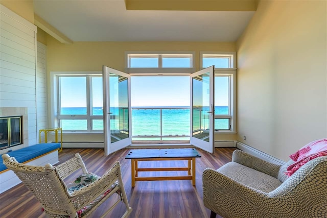 301 Michigan Ave Unit 13, Charlevoix, MI 49720 - living area with wood finished floors, baseboard heating, a fireplace, and a water view