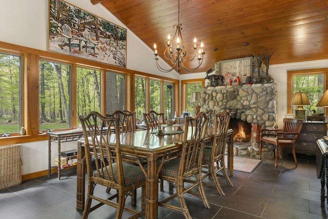 680 N Lake Shore Dr, Harbor Springs, MI 49740 - dining room featuring wood ceiling, a chandelier, vaulted ceiling, and a fireplace