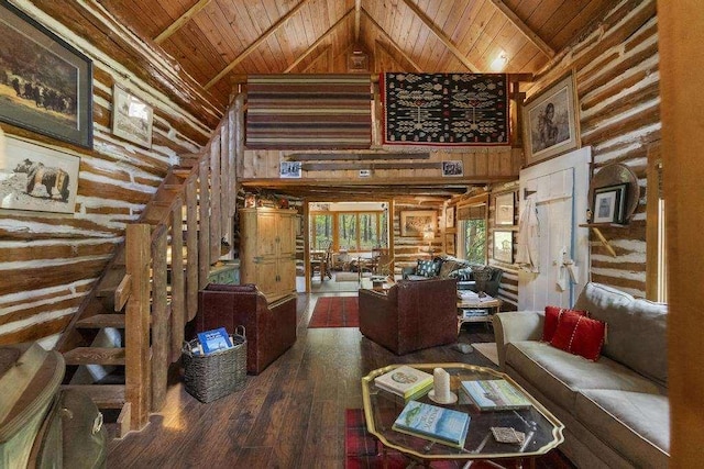 680 N Lake Shore Dr, Harbor Springs, MI 49740 - living area with wood ceiling with exposed beams, hardwood / wood-style floors, high vaulted ceiling, and wood walls