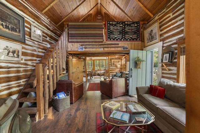 680 N Lake Shore Dr, Harbor Springs, MI 49740 - living area featuring wood ceiling with exposed beams, high vaulted ceiling, wood walls, and hardwood / wood-style floors