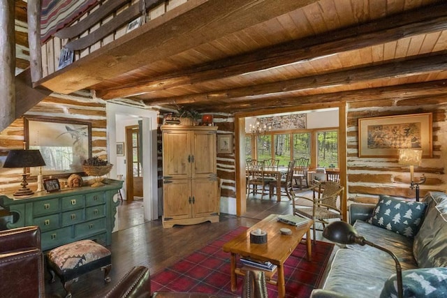 680 N Lake Shore Dr, Harbor Springs, MI 49740 - living room featuring wood ceiling with exposed beams and dark wood-style floors