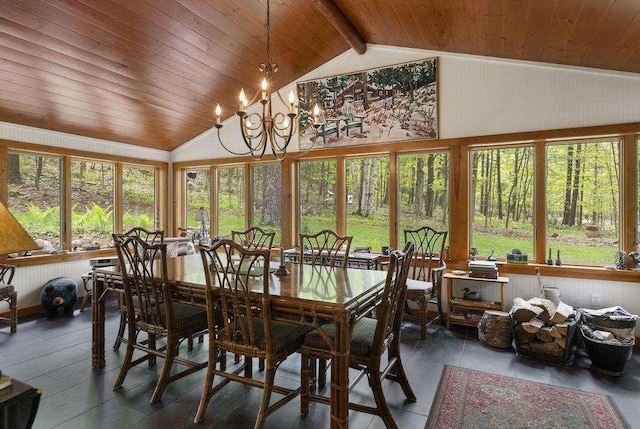 680 N Lake Shore Dr, Harbor Springs, MI 49740 - tiled dining room featuring lofted ceiling, wood ceiling, and a chandelier