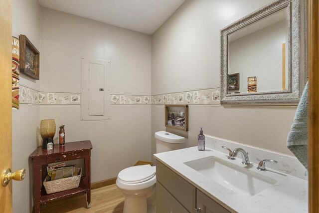 4545 Lintlong Rd, Petoskey, MI 49770 - bathroom featuring electric panel, toilet, vanity, and wood finished floors
