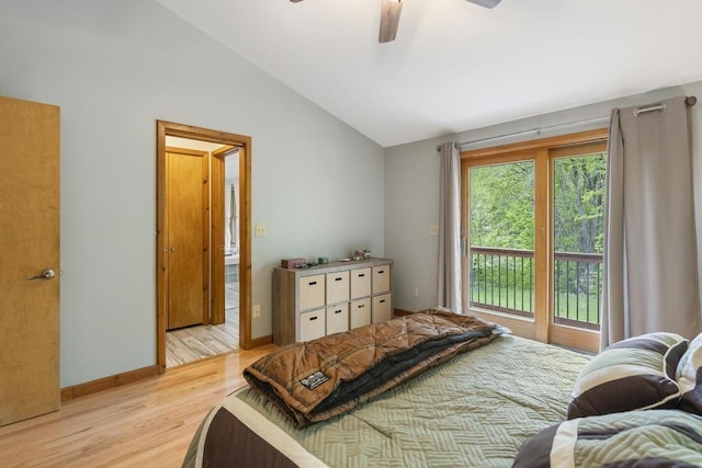 4545 Lintlong Rd, Petoskey, MI 49770 - bedroom with vaulted ceiling, light wood-type flooring, access to exterior, baseboards, and ceiling fan