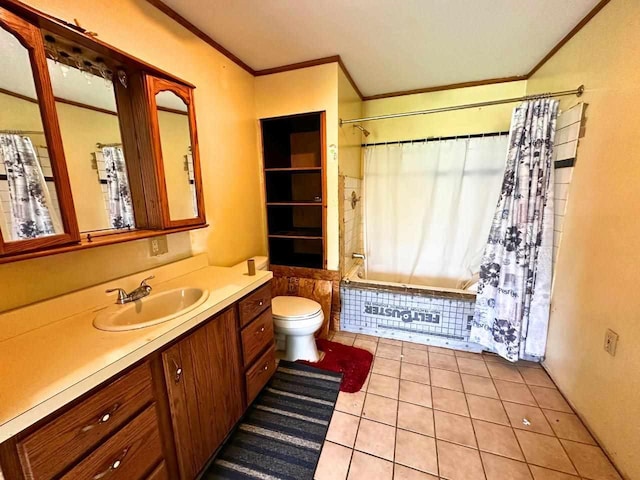 2378 E Old State Rd, East Jordan, MI 49727 - bathroom with ornamental molding, toilet, vanity, shower / bath combination with curtain, and tile patterned floors