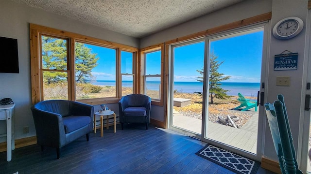 15718 N Blueberry Ln, Paradise, MI 49768 - living area with a water view, a textured ceiling, and wood finished floors