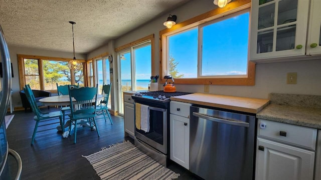 15718 N Blueberry Ln, Paradise, MI 49768 - kitchen with appliances with stainless steel finishes, a textured ceiling, white cabinets, hanging light fixtures, and glass insert cabinets