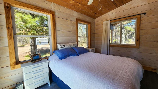 15718 N Blueberry Ln, Paradise, MI 49768 - bedroom featuring wooden ceiling, wood walls, lofted ceiling, and wood finished floors