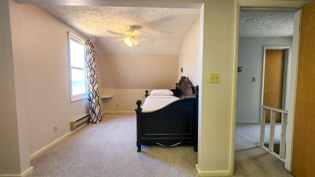 15718 N Blueberry Ln, Paradise, MI 49768 - carpeted bedroom with a textured ceiling, a baseboard radiator, lofted ceiling, baseboards, and a ceiling fan