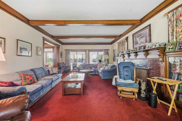306 E Dixon Ave, Charlevoix, MI 49720 - living area with carpet flooring, beamed ceiling, and a brick fireplace