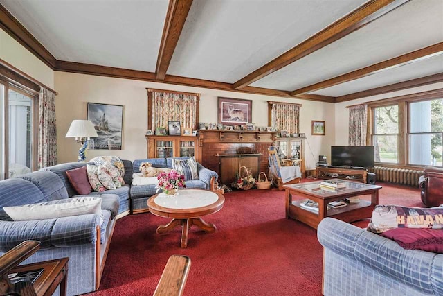 306 E Dixon Ave, Charlevoix, MI 49720 - carpeted living area with beam ceiling