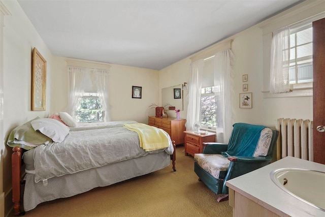 306 E Dixon Ave, Charlevoix, MI 49720 - bedroom with radiator, light colored carpet, multiple windows, and a sink