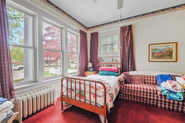 306 E Dixon Ave, Charlevoix, MI 49720 - carpeted bedroom featuring radiator, a textured ceiling, and a ceiling fan