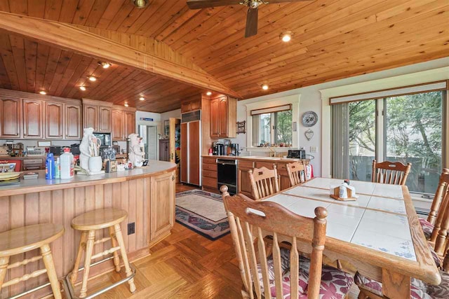 306 E Dixon Ave, Charlevoix, MI 49720 - dining area featuring vaulted ceiling, wooden ceiling, and ceiling fan