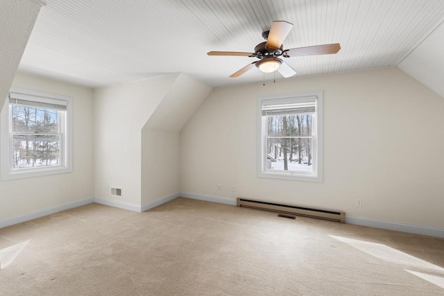 2508 Terpening Rd, Harbor Springs, MI 49740 - bonus room with a baseboard radiator, light colored carpet, healthy amount of natural light, vaulted ceiling, and ceiling fan