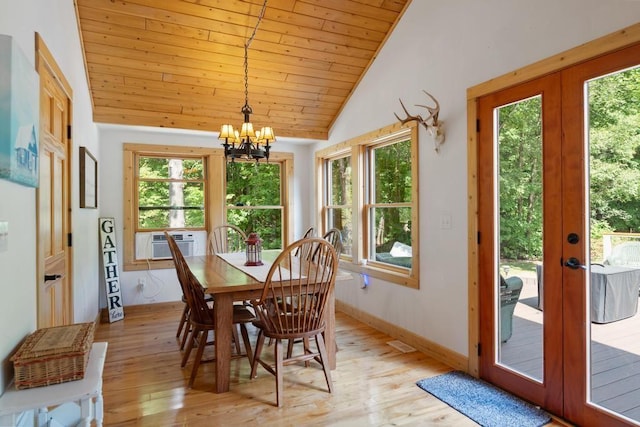 03675 Bc/Ej Rd, East Jordan, MI 49727 - dining area featuring lofted ceiling, french doors, a chandelier, wood ceiling, and light wood-style flooring