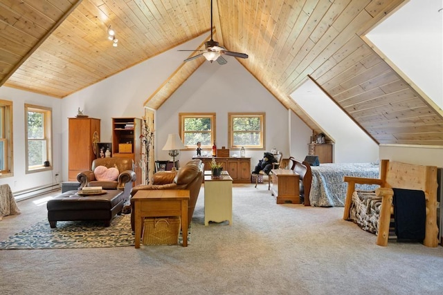 03675 Bc/Ej Rd, East Jordan, MI 49727 - carpeted living room featuring wooden ceiling, a baseboard heating unit, ceiling fan, and lofted ceiling