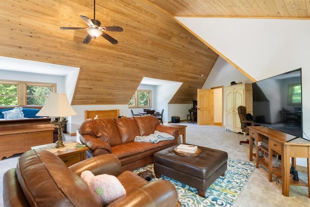 03675 Bc/Ej Rd, East Jordan, MI 49727 - living room with light carpet, wood ceiling, a ceiling fan, and high vaulted ceiling