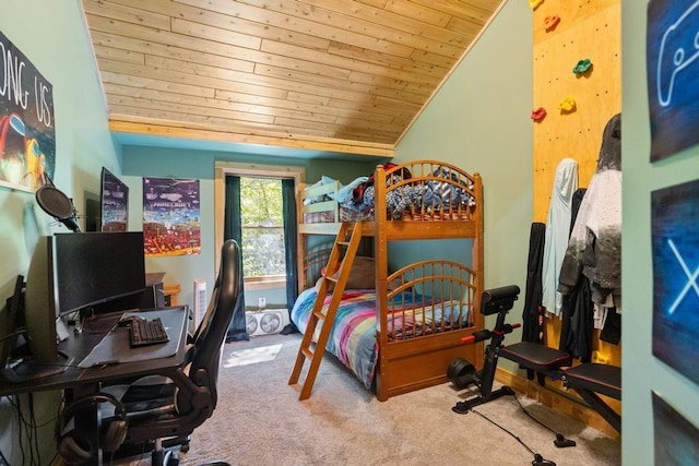 03675 Bc/Ej Rd, East Jordan, MI 49727 - bedroom featuring wood ceiling, carpet flooring, vaulted ceiling, and an office area