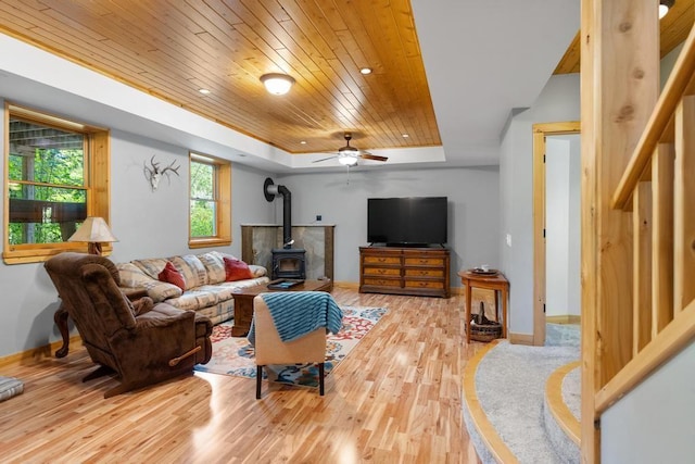 03675 Bc/Ej Rd, East Jordan, MI 49727 - living area with a wood stove, wooden ceiling, a raised ceiling, wood finished floors, and baseboards