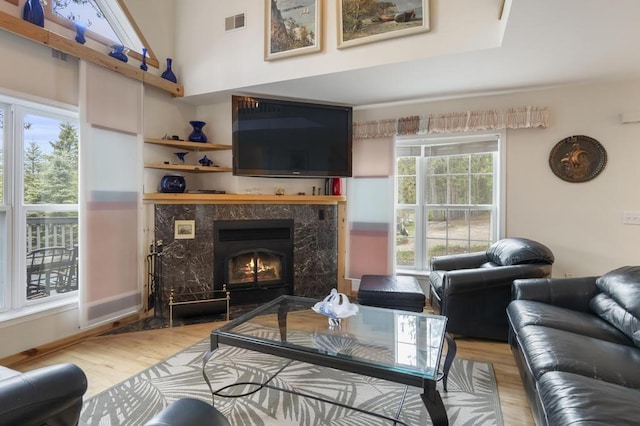 4460 E Fontenoy St, Boyne City, MI 49712 - living room featuring wood finished floors and a premium fireplace