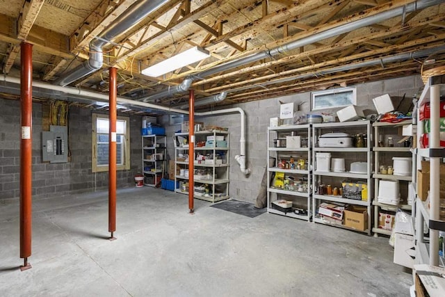 4460 E Fontenoy St, Boyne City, MI 49712 - unfinished basement featuring electric panel and concrete block wall