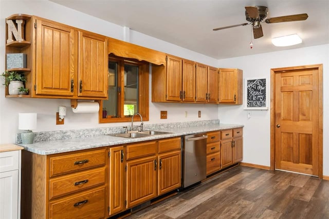 10370 Boyne City Rd, Charlevoix, MI 49720 - kitchen featuring stainless steel dishwasher, a sink, open shelves, light countertops, and a ceiling fan