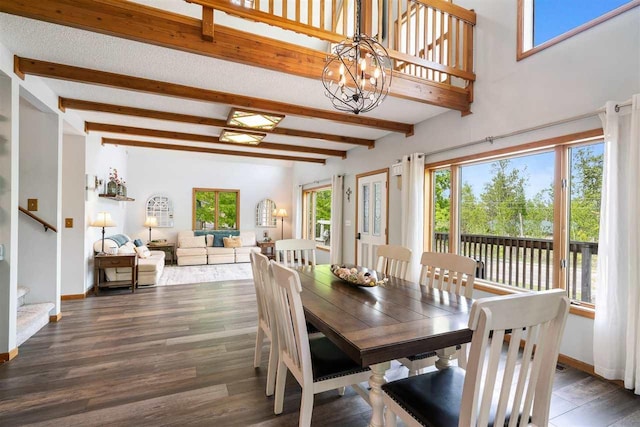 10370 Boyne City Rd, Charlevoix, MI 49720 - dining space featuring beamed ceiling, a chandelier, wood finished floors, stairs, and baseboards