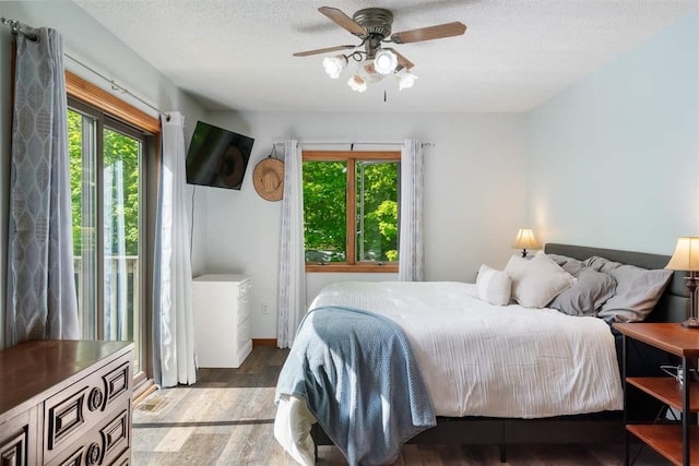 10370 Boyne City Rd, Charlevoix, MI 49720 - bedroom with multiple windows, wood finished floors, a textured ceiling, and ceiling fan