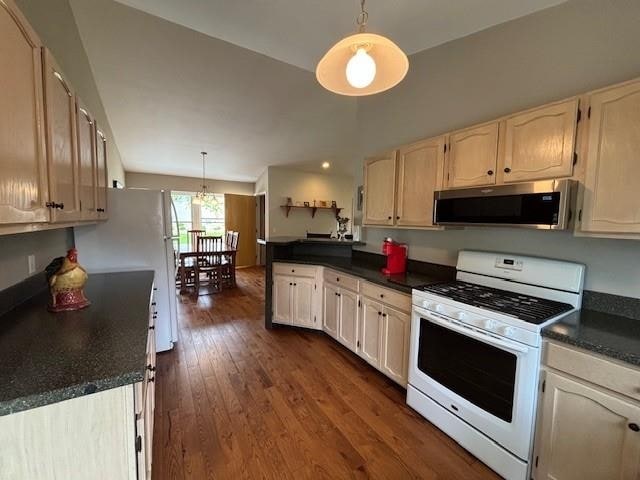 1020 Waukazoo, Petoskey, MI 49770 - kitchen featuring white appliances, dark countertops, dark wood finished floors, and decorative light fixtures