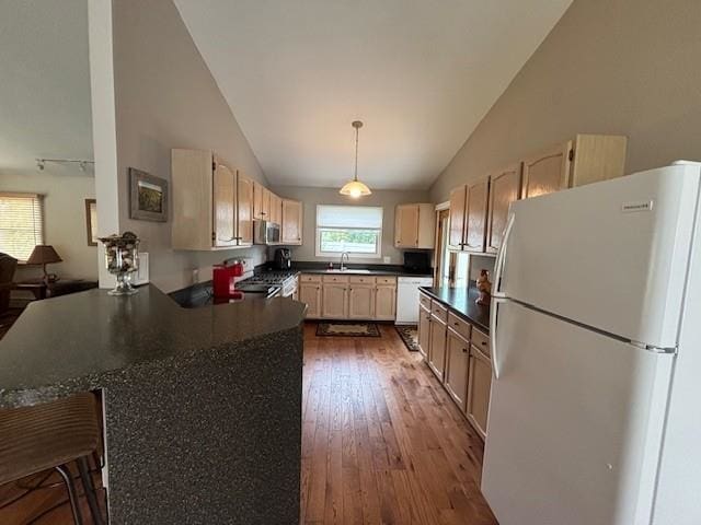 1020 Waukazoo, Petoskey, MI 49770 - kitchen with white appliances, dark countertops, a peninsula, dark wood-type flooring, and a sink