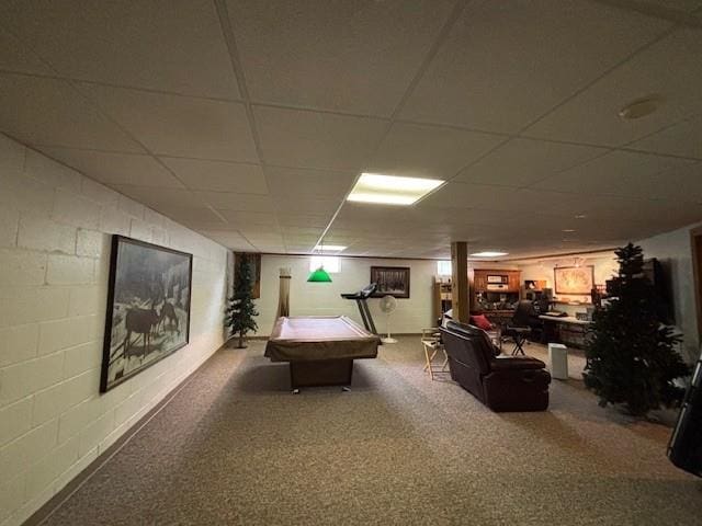 1020 Waukazoo, Petoskey, MI 49770 - rec room featuring billiards table, a paneled ceiling, concrete block wall, and carpet