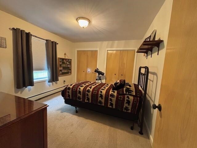1020 Waukazoo, Petoskey, MI 49770 - carpeted bedroom featuring baseboard heating and multiple closets