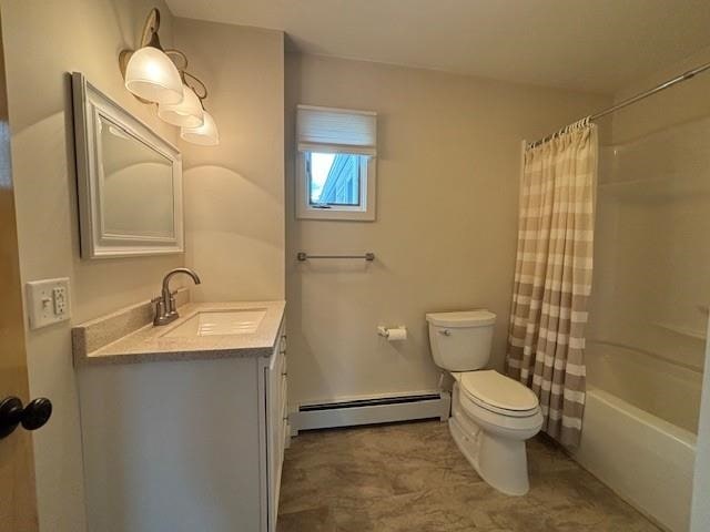 1020 Waukazoo, Petoskey, MI 49770 - bathroom featuring a baseboard heating unit, toilet, vanity, and shower / tub combo with curtain