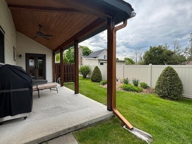1020 Waukazoo, Petoskey, MI 49770 - view of patio / terrace with french doors, a ceiling fan, and grilling area