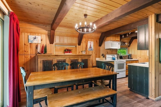 426 Chamonix Ln, Harbor Springs, MI 49740 - dining space with wooden walls, wood ceiling with exposed beams, a chandelier, and wood finished floors